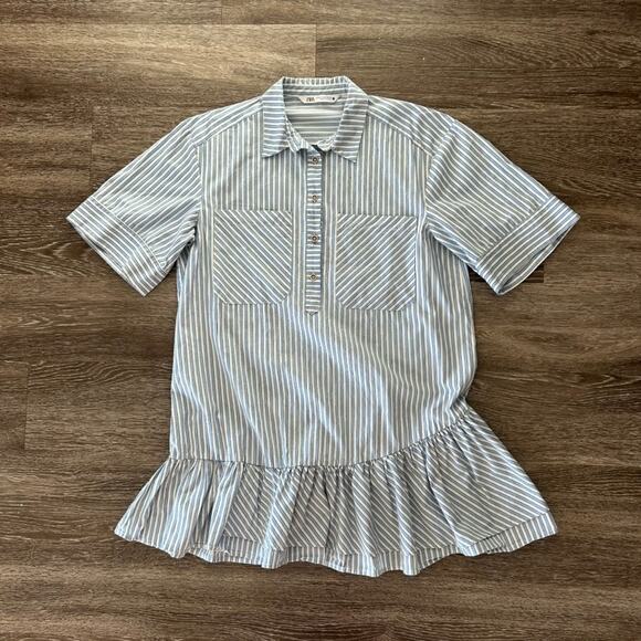 EUC Zara Blue White Striped Mini Shirtdress Size M Ruffle Hem Cotton Poplin - Picture 16 of 16